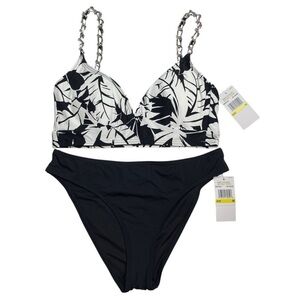 MICHAEL Michael Kors Palm Print Bralette Bikini Top & High Leg Bottom Black M